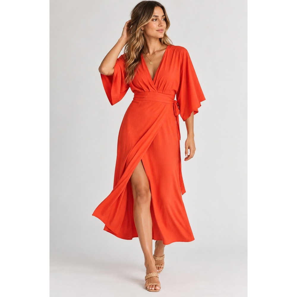 Athleta Women Small Red Kinectic Wrap Midi Dress Flutter Sleeve V-Neck Travel